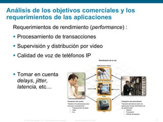 © 2006 Cisco Systems, Inc. Todos los derechos reservados. Información pública de Cisco 6
Análisis de los objetivos comerciales y los
requerimientos de las aplicaciones
Requerimientos de rendimiento (performance) :
 Procesamiento de transacciones
 Supervisión y distribución por video
 Calidad de voz de teléfonos IP
 Tomar en cuenta
delays, jitter,
latencia, etc…
 