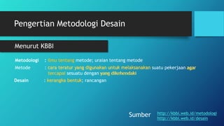 Pengertian Metodologi Desain
Menurut KBBI
Metodologi : ilmu tentang metode; uraian tentang metode
Desain : kerangka bentuk; rancangan
http://kbbi.web.id/metodologi
http://kbbi.web.id/desain
Sumber
Metode : cara teratur yang digunakan untuk melaksanakan suatu pekerjaan agar
tercapai sesuatu dengan yang dikehendaki
ilmu tentang
cara teratur yang digunakan untuk melaksanakan
kerangka bentuk
tercapai yang dikehendaki
agar
 
