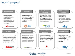 I nostri progetti

                                                           Young Customer             Mobile automation
   Mobile payment                  Smart Info
                                                              marketing                    channel

  Progettazione di             Progettazione di un        Sviluppo di un Action       Sviluppo di un
  un’applicazione per          sistema per l’erogazione   Plan di iniziative volte    applicativo per
  effettuare dei               dei dati di consumo        all’engagement e alla       semplificare l’accesso
  micropagamenti da            energetico in ambito       retention del segmento      alle business application
  smartphone dotati di         domestico .                Young customer              di Sky da parte degli
  tecnologia NFC .                                                                    istallatori.




                                                           E- care customer
      Car sharing               Mobile Gambling                                       Service & Delivery
                                                              automation

  Strutturare un servizio di   Prototipazione di una      Ottimizzazione della        Realizzazione di un
  car sharing che proponga     applicazione gambling      Customer Care sul sito di   modello di gestione dei
  servizi a valore aggiunto    verso il mondo della       Vodafone per potenziare     preventivi per i
  per il comune che            mobilità in accordo con    l’utilizzo dell’Area “190   condomini in ambito
  propone quel servizio.       le esigenze di mercato.    fai da te”.                 pre-sales .




                                                                                                     15 di 54
 