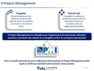 Il Project Management

              Progetto                                                Ciclo di vita
        Sforzo temporaneo non                                    Il progetto è suddiviso in
        ripetitivo intrapreso allo                              quattro fasi sequenziali che
      scopo di creare un prodotto,                                 delineano le azioni da
        un servizio o un risultato                                   compiere al fine di
                  unico                                           raggiungere gli obiettivi



     Il Project Management è la disciplina per l'applicazione di conoscenze, attitudini,
     tecniche e strumenti alle attività di un progetto al fine di conseguirne gli obiettivi




  Ente no-profit statunitense per la diffusione delle pratiche di Project Management delle
                  quali ne definisce standard internazionali e best practice
                                                                                         18 di 54
 