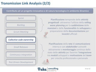 Transmission Link Analysis (2/2)
   Contributo ad un progetto innovativo e di natura tecnologica in ambiente dinamico


              Sprint
                                              Pianificazione temporale delle attività
                                           progettuali attraverso l’utilizzo della rolling
             Backlog                         wave planning per la suddivisione delle
                                           mansioni e delle funzionalità da sviluppare e
         Scrum Meeting                       preparazione della documentazione per
                                                          incontri ufficiali

    Collective code ownership
                                             Pianificazione della rete di comunicazione
          Small Releases                         interna e con stakeholder coinvolti
                                            attivamente e monitoraggio continuo dello
                                           stato delle attività per favorire l’integrazione
      Continuous integration               tra moduli sviluppati e motivazione del team
                                               per crescita professionale e personale
     Test-Driven Development

                                                                                   43 di 54
 
