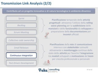 Transmission Link Analysis (2/2)
   Contributo ad un progetto innovativo e di natura tecnologica in ambiente dinamico


              Sprint
                                              Pianificazione temporale delle attività
                                           progettuali attraverso l’utilizzo della rolling
             Backlog                         wave planning per la suddivisione delle
                                           mansioni e delle funzionalità da sviluppare e
         Scrum Meeting                       preparazione della documentazione per
                                                          incontri ufficiali

    Collective code ownership
                                             Pianificazione della rete di comunicazione
          Small Releases                         interna e con stakeholder coinvolti
                                            attivamente e monitoraggio continuo dello
                                           stato delle attività per favorire l’integrazione
      Continuous integration               tra moduli sviluppati e motivazione del team
                                               per crescita professionale e personale
     Test-Driven Development

                                                                                   47 di 54
 
