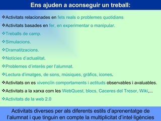 Ens ajuden a aconseguir un treball: Activitats relacionades en  fets reals o problemes quotidians Activitats basades en  fer, en experimentar o manipular. Treballs de camp. Simulacions. Dramatitzacions. Notícies d’actualitat. Problemes d’interès per l’alumnat. Lectura d’imatges, de sons, músiques, gràfics, icones . Activitats on es  vivenciïn comportaments i actituds  observables i avaluables. Activitats a la xarxa com les  WebQuest, blocs, Caceres del Tresor, Wiki ,... Activitats de la web 2.0 Activitats diverses per als diferents estils d’aprenentatge de l’alumnat i que tinguin en compte la multiplicitat d’intel·ligències 