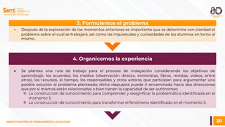 20
SINDICATO NACIONAL DE TRABAJADORES DE LA EDUCACIÓN
SINDICATO NACIONAL DE TRABAJADORES DE LA EDUCACIÓN
● Después de la exploración de los momentos anteriores es importante que se determine con claridad el
problema sobre el cual se trabajará, así como las inquietudes y curiosidades de los alumnos en torno al
mismo.
3. Formulemos el problema
● Se plantea una ruta de trabajo para el proceso de indagación considerando los objetivos de
aprendizaje, los acuerdos, los medios (observación directa, entrevistas, libros, revistas, videos, entre
otros), los recursos, el tiempo, los responsables y otros actores que participan para argumentar una
posible solución al problema planteado; dicha respuesta puede ir encaminada hacia dos direcciones
que por sí mismas están relacionadas o bien tienen la capacidad de ser autónomas:
v La construcción de conocimiento para comprender y resignificar la problemática identificada en el
momento 3.
v La construcción de conocimiento para transformar el fenómeno identificado en el momento 3.
4. Organicemos la experiencia
 