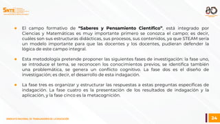 24
SINDICATO NACIONAL DE TRABAJADORES DE LA EDUCACIÓN
● El campo formativo de “Saberes y Pensamiento Científico”, está integrado por
Ciencias y Matemáticas es muy importante primero se conozca el campo; es decir,
cuáles son sus estructuras didácticas, sus procesos, sus contenidos, ya que STEAM sería
un modelo importante para que las docentes y los docentes, pudieran defender la
lógica de este campo integral.
● Esta metodología pretende proponer las siguientes fases de investigación: la fase uno,
se introduce el tema, se reconocen los conocimientos previos, se identifica también
una problemática, se genera un conflicto cognitivo. La fase dos es el diseño de
investigación; es decir, el desarrollo de esta indagación.
● La fase tres es organizar y estructurar las respuestas a estas preguntas específicas de
indagación. La fase cuatro es la presentación de los resultados de indagación y la
aplicación, y la fase cinco es la metacognición.
 