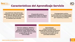 32
SINDICATO NACIONAL DE TRABAJADORES DE LA EDUCACIÓN
SINDICATO NACIONAL DE TRABAJADORES DE LA EDUCACIÓN
Características del Aprendizaje Servicio
Las prácticas educativas se
organizan, lo que hace posible
la relación directa de los
alumnos con los fenómenos de
la realidad que estudia.
El aprendiz actúa y
experimenta sobre la misma
realidad que quiere estudiar.
Protagonismo activo,
la actividad está protagonizada
por los alumnos acompañados
por maestros y tutores.
Servicio solidario, debido a
que las actividades que se
planifican están destinadas a
solucionar problemáticas reales
y específicas de una
comunidad.
Aprendizajes
intencionadamente
planificados, porque el proyecto
articula el aprendizaje de un
contenido curricular con la
actividad solidaria.
 