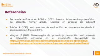 35
SINDICATO NACIONAL DE TRABAJADORES DE LA EDUCACIÓN
SINDICATO NACIONAL DE TRABAJADORES DE LA EDUCACIÓN
Referencias
● Secretaría de Educación Pública. (2022). Avance del contenido para el libro
del docente. Primer grado. [Material en proceso de edición].
● Tobón, S. (2013). Instrumentos de evaluación de competencias desde la
socioformación. México: CIFE.
● Vilugrón ,T. (2021). Metodologías de aprendizaje: desarrollo constructivo de
la educación centrada en el estudiante. Recuperado de:
https://www.ucsc.cl/noticias/metodologias-activas-de-aprendizaje-
desarrollo-constructivo-de-la-educacion-centrada-en-el-estudiante/
 
