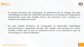 4
SINDICATO NACIONAL DE TRABAJADORES DE LA EDUCACIÓN
● El campo formativo de “Lenguajes” se pretende que se trabaje con esta
metodología a través de materiales educativos y con proyectos integradores
interesantes, pues este modelo invita a los alumnos a ser, a evaluar y a
conocer sus propios procesos.
● En este campo formativo de “Lenguajes” se desarrollan habilidades
comunicativas y lingüísticas: escribir, leer, hablar, comunicarse con varios
medios, motivo por el que se pretende animar a los alumnos a que se
comuniquen y a que se expresen.
 