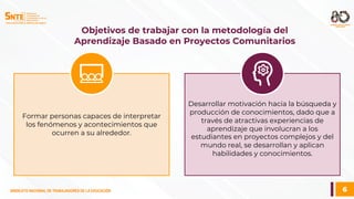 6
SINDICATO NACIONAL DE TRABAJADORES DE LA EDUCACIÓN
SINDICATO NACIONAL DE TRABAJADORES DE LA EDUCACIÓN
Objetivos de trabajar con la metodología del
Aprendizaje Basado en Proyectos Comunitarios
Formar personas capaces de interpretar
los fenómenos y acontecimientos que
ocurren a su alrededor.
Desarrollar motivación hacia la búsqueda y
producción de conocimientos, dado que a
través de atractivas experiencias de
aprendizaje que involucran a los
estudiantes en proyectos complejos y del
mundo real, se desarrollan y aplican
habilidades y conocimientos.
 