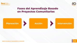 8
SINDICATO NACIONAL DE TRABAJADORES DE LA EDUCACIÓN
SINDICATO NACIONAL DE TRABAJADORES DE LA EDUCACIÓN
Fases del Aprendizaje Basado
en Proyectos Comunitarios
Planeación Acción Intervención
 