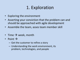1. Exploration
• Exploring the environment
• Asserting your conviction that the problem can and
  should be approached with agile development
• Assemble the team, asses team member skill

• Time  week, month
• Point 
   – Get the customer to refine a story
   – Understanding the work environment, its
     problem, technologies, and people
 