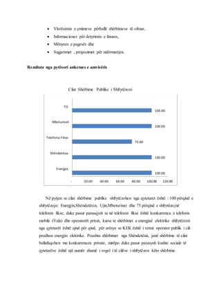  Vlerësimin e çmimeve përballë shërbimeve të ofruar,
 Informacionet për detyrimin e fatures,
 Mënyren e pagesës dhe
 Sugjerimet , propozimet për ndërmarrjen.
Rezultate nga pytësori anketues e amvisëris
Cilat Shërbime Publike i Shfrytëzoni
Në pytjen se cilat shërbime publike shfrytëzohen nga qytetaret është : 100 përqind e
shfrytëzojn: Energjin,Shëndetësin, Ujin,Mbeturinat dhe 75 përqind e shfrytëzojnë
telefonin fikse, duke pasur parasqysh se në telefonin fikse është konkurrenca e telefonis
mobile (Vala) dhe operatorët privat, kurse te shërbimet e energjisë elektrike shfrytëzimi
nga qytetarët është qind për qind, për arësye se KEK është i vetmi operator publik i cili
prodhon energjin elektrike. Poashtu shërbimet nga Shëndetësia, janë shërbime të cilat
ballafaqohen me konkurrencen private, mirëpo duke pasur parasysh kushte sociale të
qytetarëve është një numër shumë i vogel i të cilëve i shfrytëzon këto shërbime
100.00
100.00
75.00
100.00
100.00
- 20.00 40.00 60.00 80.00 100.00 120.00
Energjia
Shëndetësia
Telefonia Fikse
Mbeturinat
Uji
 