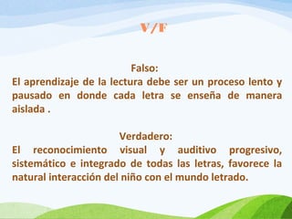 V/F
Falso:
El aprendizaje de la lectura debe ser un proceso lento y
pausado en donde cada letra se enseña de manera
aislada .
Verdadero:
El reconocimiento visual y auditivo progresivo,
sistemático e integrado de todas las letras, favorece la
natural interacción del niño con el mundo letrado.

 