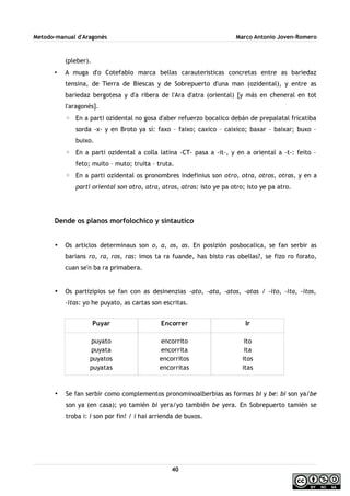 Metodo-manual d'Aragonés Marco Antonio Joven-Romero
(pleber).
• A muga d'o Cotefablo marca bellas carauteristicas concretas entre as bariedaz
tensina, de Tierra de Biescas y de Sobrepuerto d'una man (ozidental), y entre as
bariedaz bergotesa y d'a ribera de l'Ara d'atra (oriental) [y más en cheneral en tot
l'aragonés].
◦ En a parti ozidental no gosa d'aber refuerzo bocalico debán de prepalatal fricatiba
sorda -x- y en Broto ya sí: faxo – faixo; caxico – caixico; baxar – baixar; buxo –
buixo.
◦ En a parti ozidental a colla latina -CT- pasa a -it-, y en a oriental a -t-: feito –
feto; muito – muto; truita – truta.
◦ En a parti ozidental os pronombres indefinius son otro, otra, otros, otras, y en a
parti oriental son atro, atra, atros, atras: isto ye pa otro; isto ye pa atro.
Dende os planos morfolochico y sintautico
• Os articlos determinaus son o, a, os, as. En posizión posbocalica, se fan serbir as
barians ro, ra, ros, ras: imos ta ra fuande, has bisto ras obellas?, se fizo ro forato,
cuan se'n ba ra primabera.
• Os partizipios se fan con as desinenzias -ato, -ata, -atos, -atas / -ito, -ita, -itos,
-itas: yo he puyato, as cartas son escritas.
• Se fan serbir como complementos pronominoalberbias as formas bi y be: bi son ya/be
son ya (en casa); yo tamién bi yera/yo también be yera. En Sobrepuerto tamién se
troba i: i son por fin! / i hai arrienda de buxos.
40
Puyar
puyato
puyata
puyatos
puyatas
Encorrer
encorrito
encorrita
encorritos
encorritas
Ir
ito
ita
itos
itas
 