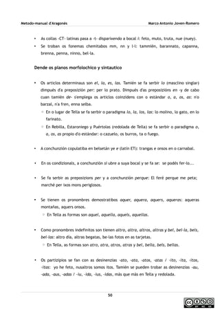 Metodo-manual d'Aragonés Marco Antonio Joven-Romero
• As collas -CT- latinas pasa a -t- disparixendo a bocal i: feto, muto, truta, nue (nuey).
• Se troban os fonemas chemitabos mm, nn y l·l: tammién, barannato, capanna,
brenna, penna, ninno, bel·la.
Dende os planos morfolochico y sintautico
• Os articlos determinaus son el, la, es, las. Tamién se fa serbir lo (masclino singlar)
dimpués d'a preposizión per: per lo prato. Dimpués d'as preposizións en -y de cabo
cuan tamién de- s'emplega os articlos coinzidens con o estándar o, a, os, as: n'o
barzal, n'a fren, enna selba.
◦ En o lugar de Tella se fa serbir o paradigma lo, la, los, las: lo molino, lo gato, en lo
farinato.
◦ En Rebilla, Estaroniego y Puértolas (redolada de Tella) se fa serbir o paradigma o,
a, os, as propio d'o estándar: o cazuelo, os burros, ta o fuego.
• A conchunzión copulatiba en belsetán ye e (latín ET): trangas e onsos en o carnabal.
• En os condizionals, a conchunzión si ubre a suya bocal y se fa se: se podés fer-lo...
• Se fa serbir as preposizions per y a conchunzión perque: El feré perque me peta;
marché per ixos mons periglosos.
• Se tienen os pronombres demostratibos aquer, aquera, aquers, aqueras: aqueras
montañas, aquers onsos.
◦ En Tella as formas son aquel, aquella, aquels, aquellas.
• Como pronombres indefinitos son tienen altro, altra, altros, altras y bel, bel·la, bels,
bel·las: altro día, altras begatas, be·las fotos en as tarjetas.
◦ En Tella, as formas son atro, atra, atros, atras y bel, bella, bels, bellas.
• Os partizipios se fan con as desinenzias -ato, -ata, -atos, -atas / -ito, -ita, -itos,
-itas: yo he feto, nusaltros somos itos. Tamién se pueden trobar as desinenzias -au,
-ada, -aus, -adas / -iu, -ida, -ius, -idas, más que más en Tella y redolada.
50
 