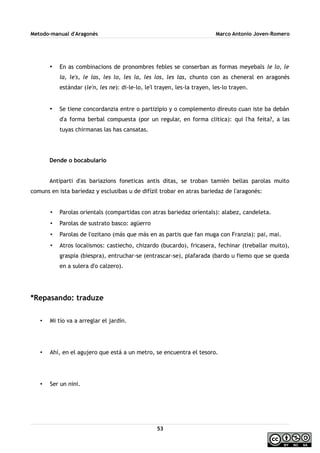 Metodo-manual d'Aragonés Marco Antonio Joven-Romero
• En as combinacions de pronombres febles se conserban as formas meyebals le lo, le
la, le's, le las, les lo, les la, les los, les las, chunto con as cheneral en aragonés
estándar (le'n, les ne): di-le-lo, le'l trayen, les-la trayen, les-lo trayen.
• Se tiene concordanzia entre o partizipio y o complemento direuto cuan iste ba debán
d'a forma berbal compuesta (por un regular, en forma clitica): qui l'ha feita?, a las
tuyas chirmanas las has cansatas.
Dende o bocabulario
Antiparti d'as bariazions foneticas antis ditas, se troban tamién bellas parolas muito
comuns en ista bariedaz y esclusibas u de difízil trobar en atras bariedaz de l'aragonés:
• Parolas orientals (compartidas con atras bariedaz orientals): alabez, candeleta.
• Parolas de sustrato basco: agüerro
• Parolas de l'ozitano (más que más en as partis que fan muga con Franzia): pai, mai.
• Atros localismos: castiecho, chizardo (bucardo), fricasera, fechinar (treballar muito),
graspia (biespra), entruchar-se (entrascar-se), plafarada (bardo u fiemo que se queda
en a sulera d'o calzero).
*Repasando: traduze
• Mi tío va a arreglar el jardín.
• Ahí, en el agujero que está a un metro, se encuentra el tesoro.
• Ser un nini.
53
 