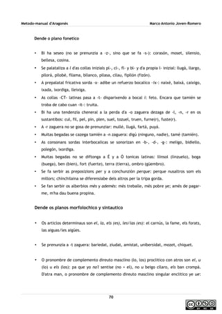 Metodo-manual d'Aragonés Marco Antonio Joven-Romero
Dende o plano fonetico
• Bi ha seseo (no se prenunzia a -z-, sino que se fa -s-): corasón, moset, silensio,
bellesa, cosina.
• Se palataliza a l d'as collas inizials pl-, cl-, fl- y bl- y d'a propia l- inizial: llugá, llargo,
pllorá, pllobé, fllama, bllanco, pllasa, cllau, fipllón (fizón).
• A prepalatal fricativa sorda -x- adibe un refuerzo bocalico -ix-: naixé, baixá, caixigo,
ixada, ixordiga, lleixiga.
• As collas -CT- latinas pasa a -t- disparixendo a bocal i: feto. Encara que tamién se
troba de cabo cuan -it-: truita.
• Bi ha una tendenzia cheneral a la perda d'a -o zaguera dezaga de -l, -n, -r en os
sustantibos: cul, fil, pel, pin, plen, suel, tozuel, truen, furne(r), fuste(r).
• A -r zaguera no se gosa de prenunziar: mullé, llugá, fartá, puyá.
• Muitas begadas se cazega tamién a -n zaguera: digú (ninguno, nadie), tamé (tamién).
• As consonans sordas interbocalicas se sonorizan en -b-, -d-, -g-: meligo, bidiello,
polegón, ixordiga.
• Muitas begadas no se diftonga a É y a Ó tonicas latinas: llinsol (linzuelo), boga
(buega), ben (bien), fort (fuerte), terra (tierra), ombro (güembro).
• Se fa serbir as preposizions per y a conchunzión perque: perque nusaltros som els
millors; chinchilaina se diferensiabe dels altros per la tripa gorda.
• Se fan serbir os alberbios més y ademés: més treballe, més pobre ye; amés de pagar-
me, m'ha dau buena propina.
Dende os planos morfolochico y sintautico
• Os articlos determinaus son el, la, els (es), les/las (es): el carnús, la fame, els forats,
las aiguas/les aigües.
• Se prenunzia a -t zaguera: bariedat, ziudat, amistat, unibersidat, mozet, chiquet.
• O pronombre de complemento direuto masclino (lo, los) proclitico con atros son el, u
(lo) u els (los): pa que yo no'l sentise (no + el), no u beigo cllaro, els ban crompá.
D'atra man, o pronombre de complemento direuto masclino singular enclitico ye ue:
70
 