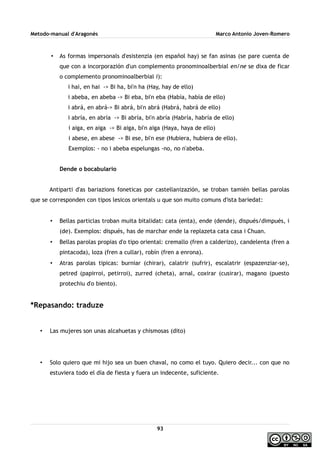 Metodo-manual d'Aragonés Marco Antonio Joven-Romero
• As formas impersonals d'esistenzia (en español hay) se fan asinas (se pare cuenta de
que con a incorporazión d'un complemento pronominoalberbial en/ne se dixa de ficar
o complemento pronominoalberbial i):
i hai, en hai -> Bi ha, bi'n ha (Hay, hay de ello)
i abeba, en abeba -> Bi eba, bi'n eba (Había, había de ello)
i abrá, en abrá-> Bi abrá, bi'n abrá (Habrá, habrá de ello)
i abría, en abría -> Bi abría, bi'n abría (Habría, habría de ello)
i aiga, en aiga -> Bi aiga, bi'n aiga (Haya, haya de ello)
i abese, en abese -> Bi ese, bi'n ese (Hubiera, hubiera de ello).
Exemplos: - no i abeba espelungas -no, no n'abeba.
Dende o bocabulario
Antiparti d'as bariazions foneticas por castellanizazión, se troban tamién bellas parolas
que se corresponden con tipos lesicos orientals u que son muito comuns d'ista bariedat:
• Bellas particlas troban muita bitalidat: cata (enta), ende (dende), dispués/dimpués, i
(de). Exemplos: dispués, has de marchar ende la replazeta cata casa i Chuan.
• Bellas parolas propias d'o tipo oriental: cremallo (fren a calderizo), candelenta (fren a
pintacoda), loza (fren a cullar), robín (fren a enrona).
• Atras parolas tipicas: burniar (chirar), calatrir (sufrir), escalatrir (espazenziar-se),
petred (papirroi, petirroi), zurred (cheta), arnal, coxirar (cusirar), magano (puesto
protechiu d'o biento).
*Repasando: traduze
• Las mujeres son unas alcahuetas y chismosas (dito)
• Solo quiero que mi hijo sea un buen chaval, no como el tuyo. Quiero decir... con que no
estuviera todo el día de fiesta y fuera un indecente, suficiente.
93
 
