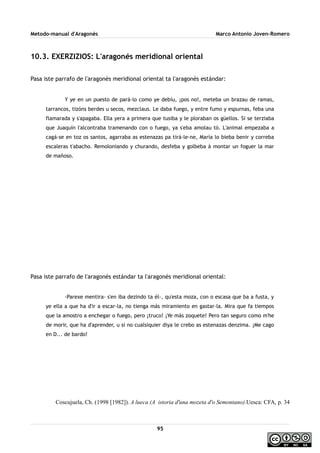 Metodo-manual d'Aragonés Marco Antonio Joven-Romero
10.3. EXERZIZIOS: L'aragonés meridional oriental
Pasa iste parrafo de l'aragonés meridional oriental ta l'aragonés estándar:
Y ye en un puesto de pará-lo como ye debíu, ¡pos no!, meteba un brazau de ramas,
tarrancos, tizóns berdes u secos, mezclaus. Le daba fuego, y entre fumo y espurnas, feba una
flamarada y s'apagaba. Ella yera a primera que tusiba y le ploraban os güellos. Si se terziaba
que Juaquín l'alcontraba tramenando con o fuego, ya s'eba amolau tó. L'animal empezaba a
cagá-se en toz os santos, agarraba as estenazas pa tirá-le-ne, María lo bieba benir y correba
escaleras t'abacho. Remoloniando y churando, desfeba y golbeba à montar un foguer la mar
de mañoso.
Pasa iste parrafo de l'aragonés estándar ta l'aragonés meridional oriental:
-Parexe mentira- s'en iba dezindo ta él-, qu'esta moza, con o escasa que ba a fusta, y
ye ella a que ha d'ir a escar-la, no tienga más miramiento en gastar-la. Mira que fa tiempos
que la amostro a enchegar o fuego, pero ¡truco! ¡Ye más zoquete! Pero tan seguro como m'he
de morir, que ha d'aprender, u si no cualsiquier diya le crebo as estenazas denzima. ¡Me cago
en D... de bardo!
Coscujuela, Ch. (1998 [1982]). A lueca (A istoria d'una mozeta d'o Semontano).Uesca: CFA, p. 34
95
 