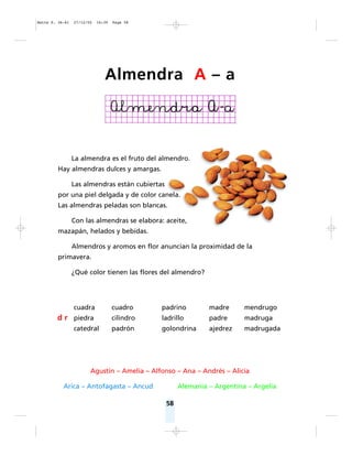 58
La almendra es el fruto del almendro.
Hay almendras dulces y amargas.
Las almendras están cubiertas
por una piel delgada y de color canela.
Las almendras peladas son blancas.
Con las almendras se elabora: aceite,
mazapán, helados y bebidas.
Almendros y aromos en flor anuncian la proximidad de la
primavera.
¿Qué color tienen las flores del almendro?
Agustín – Amelia – Alfonso – Ana – Andrés – Alicia
Arica – Antofagasta – Ancud Alemania – Argentina – Argelia
cuadra cuadro padrino madre mendrugo
d r piedra cilindro ladrillo padre madruga
catedral padrón golondrina ajedrez madrugada
Almendra A – a
Matte P. 36-61 27/12/05 16:39 Page 58
 