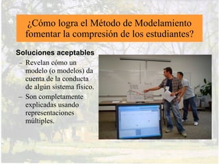 ¿En qué consiste el Método de Modelamiento
para enseñanza de la Física?
•   Método de enseñanza constructivista, para aprendizaje de ciencia como
    indagación, desarrollado a lo largo de los últimos 25 años en el Dpto. de
    Física de la Universidad Estatal de Arizona, por el Dr. David Hestenes y
    sus colaboradores.
•   Los estudiantes diseñan sus procedimientos experimentales, observan,
    formulan hipótesis, recolectan datos, procesan e interpretan la
    información, contrastan sus hipótesis, comunican y comparten sus
    reflexiones y resultados con sus compañeros y con los profesores.
•   Los modelos construidos se transfieren a una variedad de situaciones
    escogidas, en busca de generalización y coherencia.
 