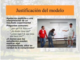 ¿Cómo cambia el trabajo del profesor
con el método de modelamiento?
• Diseñador de ambientes
  experimentales
• Diseñador de problemas
  y actividades
• Oyente crítico de las
  presentaciones de los
  estudiantes
• Facilitador socrático de la
  indagación y resolución
  de problemas
• Apertura, confianza,
  tolerancia de errores
 