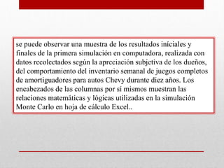 se puede observar una muestra de los resultados iníciales y
finales de la primera simulación en computadora, realizada con
datos recolectados según la apreciación subjetiva de los dueños,
del comportamiento del inventario semanal de juegos completos
de amortiguadores para autos Chevy durante diez años. Los
encabezados de las columnas por sí mismos muestran las
relaciones matemáticas y lógicas utilizadas en la simulación
Monte Carlo en hoja de cálculo Excel..

 