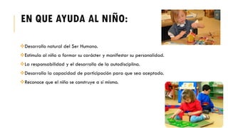 EN QUE AYUDA AL NIÑO:
Desarrollo natural del Ser Humano.
Estimula al niño a formar su carácter y manifestar su personalidad.
La responsabilidad y el desarrollo de la autodisciplina.
Desarrolla la capacidad de participación para que sea aceptado.
Reconoce que el niño se construye a sí mismo.
 
