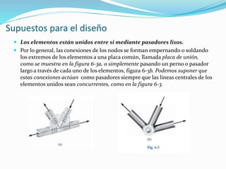Supuestos para el diseño
 Los elementos están unidos entre sí mediante pasadores lisos.
 Por lo general, las conexiones de los nodos se forman empernando o soldando
los extremos de los elementos a una placa común, llamada placa de unión,
como se muestra en la figura 6-3a, o simplemente pasando un perno o pasador
largo a través de cada uno de los elementos, figura 6-3b. Podemos suponer que
estas conexiones actúan como pasadores siempre que las líneas centrales de los
elementos unidos sean concurrentes, como en la figura 6-3.
 