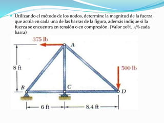  Utilizando el método de los nodos, determine la magnitud de la fuerza
que actúa en cada una de las barras de la figura, además indique si la
fuerza se encuentra en tensión o en compresión. (Valor 20%, 4% cada
barra)
 