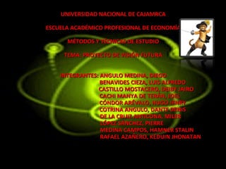 UNIVERSIDAD NACIONAL DE CAJAMRCA

ESCUELA ACADÉMICO PROFESIONAL DE ECONOMÍA

      MÉTODOS Y TÉCNICAS DE ESTUDIO

     TEMA: PROYECTO DE VISIÓN FUTURA


    INTEGRANTES: ANGULO MEDINA, DIEGO
                 BENAVIDES CIEZA, LUIS ALFREDO
                CASTILLO MOSTACERO, DEIBY JAIRO
                 CACHI MANYA DE TERÁN, JOEL
                 CÓNDOR ARÉVALO, HUGO JENRY
                 COTRINA ANGULO, DANTE DENIS
                 DE LA CRUIZ ANTICONA, MILER
                 LÓPEZ SÁNCHEZ, PIERRE
                 MEDINA CAMPOS, HAMNER STALIN
                 RAFAEL AZAÑERO, KEDUIN JHONATAN
 