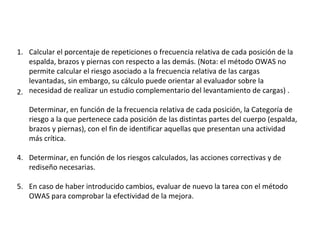 1. Calcular el porcentaje de repeticiones o frecuencia relativa de cada posición de la
   espalda, brazos y piernas con respecto a las demás. (Nota: el método OWAS no
   permite calcular el riesgo asociado a la frecuencia relativa de las cargas
   levantadas, sin embargo, su cálculo puede orientar al evaluador sobre la
2. necesidad de realizar un estudio complementario del levantamiento de cargas) .

   Determinar, en función de la frecuencia relativa de cada posición, la Categoría de
   riesgo a la que pertenece cada posición de las distintas partes del cuerpo (espalda,
   brazos y piernas), con el fin de identificar aquellas que presentan una actividad
   más crítica.

4. Determinar, en función de los riesgos calculados, las acciones correctivas y de
   rediseño necesarias.

5. En caso de haber introducido cambios, evaluar de nuevo la tarea con el método
   OWAS para comprobar la efectividad de la mejora.
 