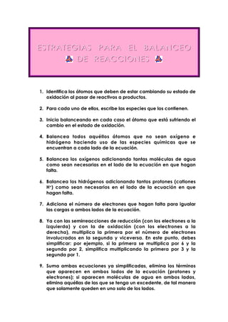 ESTTRATTEGIIAS PARA ELL BALLANCEO 
DE REACCIIONES 
1. Identifica los átomos que deben de estar cambiando su estado de 
oxidación al pasar de reactivos a productos. 
2. Para cada uno de ellos, escribe las especies que los contienen. 
3. Inicia balanceando en cada caso el átomo que está sufriendo el 
cambio en el estado de oxidación. 
4. Balancea todos aquéllos átomos que no sean oxígeno e 
hidrógeno haciendo uso de las especies químicas que se 
encuentran a cada lado de la ecuación. 
5. Balancea los oxígenos adicionando tantas moléculas de agua 
como sean necesarias en el lado de la ecuación en que hagan 
falta. 
6. Balancea los hidrógenos adicionando tantos protones (cationes 
H+) como sean necesarios en el lado de la ecuación en que 
hagan falta. 
7. Adiciona el número de electrones que hagan falta para igualar 
las cargas a ambos lados de la ecuación. 
8. Ya con las semirreacciones de reducción (con los electrones a la 
izquierda) y con la de oxidación (con los electrones a la 
derecha), multiplica la primera por el número de electrones 
involucrados en la segunda y viceversa. En este punto, debes 
simplificar: por ejemplo, si la primera se multiplica por 6 y la 
segunda por 2, simplifica multiplicando la primera por 3 y la 
segunda por 1. 
9. Suma ambas ecuaciones ya simplificadas, elimina los términos 
que aparecen en ambos lados de la ecuación (protones y 
electrones); si aparecen moléculas de agua en ambos lados, 
elimina aquéllas de las que se tenga un excedente, de tal manera 
que solamente queden en uno solo de los lados. 
 