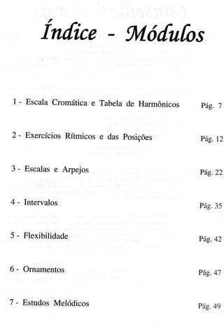Ín[ice - Wíó[ufos
3 - Escalase Arpejos
I - Escala Cromática e Tabela de Harmônicos Pâe.7
2 - ExercíciosRítmicos e das Posições
4 - Intervalos
5 - Flexibilidade
6 - Ornamentos
Pâg.L2
Pág.22
Pâg.35
Pâg.42
Pág.47
7 - EstudosMelódicos Pâg.49
 
