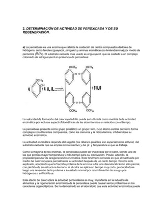 2. DETERMINACIÓN DE ACTIVIDAD DE PEROXIDASA Y DE SU
REGENERACIÓN.

a) La peroxidasa es una enzima que cataliza la oxidación de ciertos compuestos dadores de
hidrógeno, como fenoles (guayacol, pirogalol) y aminas aromáticas (o-fenilendiamina) por medio de
peróxidos (
). El substrato oxidable más usado es el guayacol, que es oxidado a un complejo
coloreado de tetraguayacol en presencia de peroxidasa:

La velocidad de formación del color rojo ladrillo puede ser utilizada como medida de la actividad
enzimática por lecturas espectrofotométricas de las absorbancias en relación con el tiempo.
La peroxidasa presenta como grupo prostético un grupo Hem, cuyo átomo central de hierro forma
complejos con diferentes compuestos, como los cianuros y la hidroxilamina, inhibiéndose su
actividad enzimática.
La actividad enzimática depende del vegetal (los rábanos picantes son especialmente activos), del
substrato oxidable que se emplea como reactivo y del pH y temperatura a que se trabaja.
Como la mayoría de las enzimas, la peroxidasa puede ser inactivada por el calor, siendo una de
las que precisa mayor temperatura y más tiempo para su inactivación. Posee, además, la
propiedad peculiar de laregeneración enzimática. Este fenómeno consiste en que al inactivarla por
medio del calor recupera parcialmente su actividad después de un cierto tiempo. Esto ha sido
explicado, aduciendo que la fracción proteica de la enzima sufre una desnaturalización sólo parcial,
con pérdida de su estructura terciaria, si el calor se aplica un tiempo muy corto, produciéndose
luego una reversión de la proteína a su estado normal por recombinación de sus grupos
hidrógenos o sulfhidrílicos.
Este efecto del calor sobre la actividad peroxidásica es muy, importante en la industria de
alimentos y la regeneración enzimática de la peroxidasa puede causar serios problemas en los
caracteres organolépticos. Se ha demostrado en el laboratorio que esta actividad enzimática puede

 