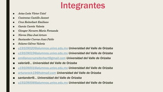 Integrantes
■ Arias León Víctor Uziel
■ Contreras Castillo Jannet
■ Cruz Reiterhart Emiliano
■ García Carrón Valeria
■ Gienger Navarro Maria Fernanda
■ Nieves Díaz José Arturo
■ Santander Cuevas Juan Pablo
■ Solares Gálvez Valeria
■ u19109020@alumnos.univo.edu.mx Universidad del Valle de Orizaba
■ u19109019@alumnos.univo.edu.mx Universidad del Valle de Orizaba
■ emilianocruzreiterhart@gmail.com Universidad del Valle de Orizaba
■ valeria@... Universidad del Valle de Orizaba
■ u19109001@alumnos.univo.edu.mx Universidad del Valle de Orizaba
■ arturorock19@hotmail.com Universidad del Valle de Orizaba
■ santander@... Universidad del Valle de Orizaba
■ u19109006@alumnos.univo.edu.mx Universidad del Valle de Orizaba
 