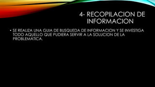 4- RECOPILACION DE
INFORMACION
• SE REALIZA UNA GUIA DE BUSQUEDA DE INFORMACION Y SE INVESTIGA
TODO AQUELLO QUE PUDIERA SERVIR A LA SOLUCION DE LA
PROBLEMÁTICA.

 
