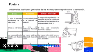 Postura
Observe las posiciones generales de las manos y del cuerpo durante la operación.
 