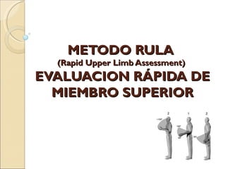 METODO RULA
  (Rapid Upper Limb Assessment)
EVALUACION RÁPIDA DE
  MIEMBRO SUPERIOR
 