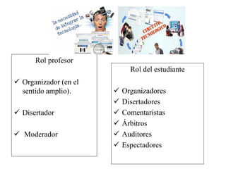 Rol profesor
 Organizador (en el
sentido amplio).
 Disertador
 Moderador
Rol del estudiante
 Organizadores
 Disertadores
 Comentaristas
 Árbitros
 Auditores
 Espectadores
 