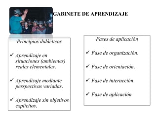 GABINETE DE APRENDIZAJE
Fases de aplicación
 Fase de organización.
 Fase de orientación.
 Fase de interacción.
 Fase de aplicación
Principios didácticos
 Aprendizaje en
situaciones (ambientes)
reales elementales.
 Aprendizaje mediante
perspectivas variadas.
 Aprendizaje sin objetivos
explícitos.
 