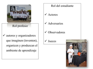 Rol profesor
 autores y organizadores
que imaginen (inventen),
organicen y produzcan el
ambiente de aprendizaje
Rol del estudiante
 Actores
 Adversarios
 Observadores
 Jueces
 