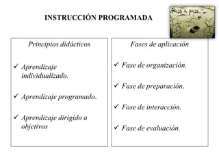 INSTRUCCIÓN PROGRAMADA
Principios didácticos
 Aprendizaje
individualizado.
 Aprendizaje programado.
 Aprendizaje dirigido a
objetivos
Fases de aplicación
 Fase de organización.
 Fase de preparación.
 Fase de interacción.
 Fase de evaluación.
 