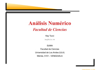 Análisis Numérico
 Facultad de Ciencias
            Kay Tucci
           kay@ula.ve


              SUMA
       Facultad de Ciencias
  Universidad de Los Andes (ULA)
    ´
   Merida, 5101 - VENEZUELA




                                     ´         ´
                                   Analisis Numerico – p. 1/196
 