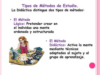Tipos de Métodos de Estudio.
La Didáctica distingue dos tipos de métodos:

• El Método
  Lógico: Pretender crear en
  el individuo una mente
  ordenada y estructurada

                     • El Método
                       Didáctico: Activa la mente
                       mediante técnicas
                       adaptadas al sujeto y al
                       grupo de aprendizaje.
 