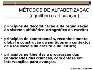 MÉTODOS DE ALFABETIZAÇÃO
(equilíbrio e articulação)
• princípios de decodificação e de organização
do sistema alfabético-ortográfico da escrita;
• princípios de compreensão, reconhecimento
global e construção de sentidos em contextos
de usos sociais da escrita e da leitura;
• princípios pertinentes à progressão das
capacidades das crianças, com ênfase em
intervenções para avanços.
Caderno 3 SEE/MG
 