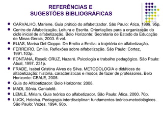 REFERÊNCIAS E
SUGESTÕES BIBLIOGRÁFICAS
 CARVALHO, Marlene. Guia prático do alfabetizador. São Paulo: Ática, 1999. 95p.
 Centro de Alfabetização, Leitura e Escrita. Orientações para a organização do
ciclo inicial de alfabetização. Belo Horizonte: Secretaria de Estado da Educação
de Minas Gerais, 2003. 6 vol.
 ELIAS, Marisa Del Cioppo. De Emilio a Emilia: a trajetória de alfabetização.
 FERREIRO, Emília. Reflexões sobre alfabetização. São Paulo: Cortez,
1991.103p.
 FONTANA, Roseli; CRUZ, Nazaré. Psicologia e trabalho pedagógico. São Paulo:
Atual, 1997. 231p.
 FRADE, Isabel Cristina Alves da Silva. METODOLOGIA e didáticas de
alfabetização: história, características e modos de fazer de professores. Belo
Horizonte: CEALE, 2005.
 Guia do Alfabetizador. Belo Horizonte: 2008.
 MADI, Sônia. Cantalelê.
 LEMLE, Miriam. Guia teórico do alfabetizador. São Paulo: Ática, 2000. 70p.
 LUCK, Heloísa. Pedagogia interdisciplinar: fundamentos teórico-metodológicos.
São Paulo: Vozes, 1994. 90p.
 