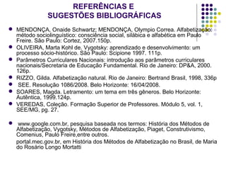 REFERÊNCIAS E
SUGESTÕES BIBLIOGRÁFICAS
 MENDONÇA, Onaide Schwartz; MENDONÇA, Olympio Correa. Alfabetização:
método sociolinguístico: consciência social, silábica e alfabética em Paulo
Freire. São Paulo: Cortez, 2007.150p.
 OLIVEIRA, Marta Kohl de. Vygotsky: aprendizado e desenvolvimento: um
processo sócio-histórico. São Paulo: Scipione 1997. 111p.
 Parâmetros Curriculares Nacionais: introdução aos parâmetros curriculares
nacionais/Secretaria de Educação Fundamental. Rio de Janeiro: DP&A, 2000.
126p.
 RIZZO, Gilda. Alfabetização natural. Rio de Janeiro: Bertrand Brasil, 1998, 336p
 SEE. Resolução 1086/2008. Belo Horizonte: 16/04/2008.
 SOARES, Magda. Letramento: um tema em três gêneros. Belo Horizonte:
Autêntica, 1999.124p.
 VEREDAS, Coleção. Formação Superior de Professores. Módulo 5, vol. 1,
SEE/MG, pg. 27.
 www.google.com.br, pesquisa baseada nos termos: História dos Métodos de
Alfabetização, Vygotsky, Métodos de Alfabetização, Piaget, Construtivismo,
Comenius, Paulo Freire,entre outros.
portal.mec.gov.br, em História dos Métodos de Alfabetização no Brasil, de Maria
do Rosário Longo Mortatti
 