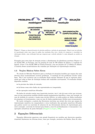 Figura 1: Etapas no desenvolvimento de m´etodos anal´ıticos e m´etodos de aproxima¸c˜ao. Observe que nos m´etodos
de aproxima¸c˜ao existe uma etapa de an´alise dos resultados feita com o intuito de comprovar a veracidade da
informa¸c˜ao obtida e uma veriﬁca¸c˜ao ﬁnal que comprova que o m´etodo adotado ´e o mais adequado ao modelo ou
situa¸c˜ao.
Exemplos para esses tipos de situa¸c˜ao seriam o afundamento da plataforma mar´ıtima Sleipner A,
em 23/08/1991, na Noruega, com um preju´ızo de mais de 700 milh˜oes de d´olares e a explos˜ao do
foguete Ariane 5 em 04/06/1996 na Guiana Francesa, com um preju´ızo de 7,5 bilh˜oes de d´olares.
A maioria desses acontecimentos s˜ao causados por limita¸c˜oes na representa¸c˜ao num´erica.
1.3 No¸c˜oes B´asicas Sobre Erros
No estudo de M´etodos Num´ericos para a resolu¸c˜ao de situa¸c˜oes/modelos que surgem das mais
diversas ´areas ocasionalmente ocorrem problemas. A resolu¸c˜ao de tais problemas envolve v´arias
fases. N˜ao ´e raro acontecer que os resultados ﬁnais estejam distantes do que se esperaria obter,
ainda que todas as fases de resolu¸c˜ao tenham sido realizadas corretamente. O resultados obtidos
dependem tamb´em:
• da precis˜ao dos dados de entrada;
• da forma como estes dados s˜ao representados no computador;
• das opera¸c˜oes num´ericas efetuadas.
Os dados de entrada contˆem uma imprecis˜ao inerente, isto ´e, n˜ao h´a como evitar que ocorram,
uma vez que representam medidas obtidas usando equipamentos espec´ıﬁcos, como, por exemplo, no
caso de medidas de corrente e tens˜ao num circuito el´etrico, ou ent˜ao podem ser dados resultantes
de pesquisas ou levantamentos, como no caso de dados populacionais obtidos num recenseamento.
De modo corriqueiro a maioria das literaturas executam um estudo dos erros que surgem da
representa¸c˜ao num´erica em computadores e erros resultantes das opera¸c˜oes num´ericas efetuadas
que podem ocorrer na convers˜ao de n´umeros de um determinado sistema de representa¸c˜ao para
outro (exemplo: convers˜ao de decimal para bin´aro), erros de arredondamento e truncamento e em
opera¸c˜oes aritm´eticas de ponto ﬂutuante (Ruggiero & Lopes, 1996).
2 Equa¸c˜oes Diferenciais
Equa¸c˜oes diferenciais aparecem com grande frequˆencia em modelos que descrevem quantita-
tivamente fenˆomenos em diversas ´areas, como por exemplo, mecˆanica dos ﬂuidos, ﬂuxo de calor,
3
 