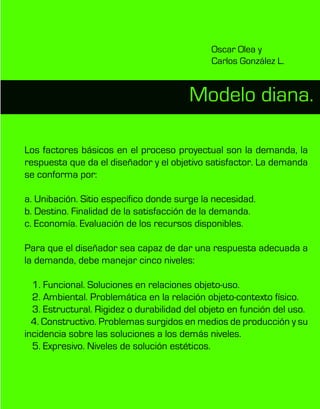 Modelo diana.
Oscar Olea y
Carlos González L.
Los factores básicos en el proceso proyectual son la demanda, la
respuesta que da el diseñador y el objetivo satisfactor. La demanda
se conforma por:
a. Unibación. Sitio específico donde surge la necesidad.
b. Destino. Finalidad de la satisfacción de la demanda.
c. Economía. Evaluación de los recursos disponibles.
Para que el diseñador sea capaz de dar una respuesta adecuada a
la demanda, debe manejar cinco niveles:
1. Funcional. Soluciones en relaciones objeto-uso.
2. Ambiental. Problemática en la relación objeto-contexto físico.
3. Estructural. Rigidez o durabilidad del objeto en función del uso.
4. Constructivo. Problemas surgidos en medios de producción y su
incidencia sobre las soluciones a los demás niveles.
5. Expresivo. Niveles de solución estéticos.
 